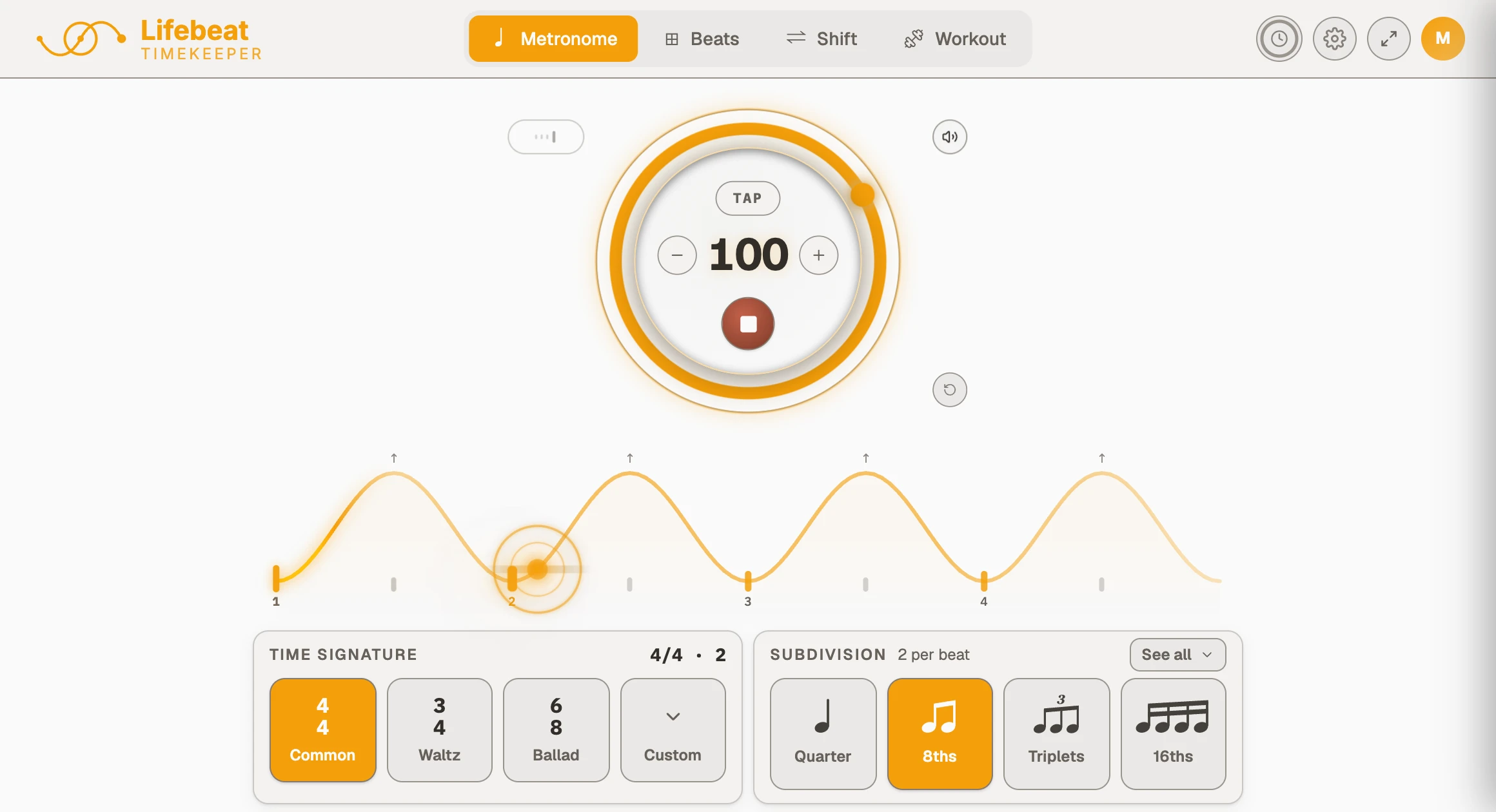 The metronome running at 100 BPM in 4/4 with 8th notes, the pulse drawn as waves and the dot sitting on the second beat