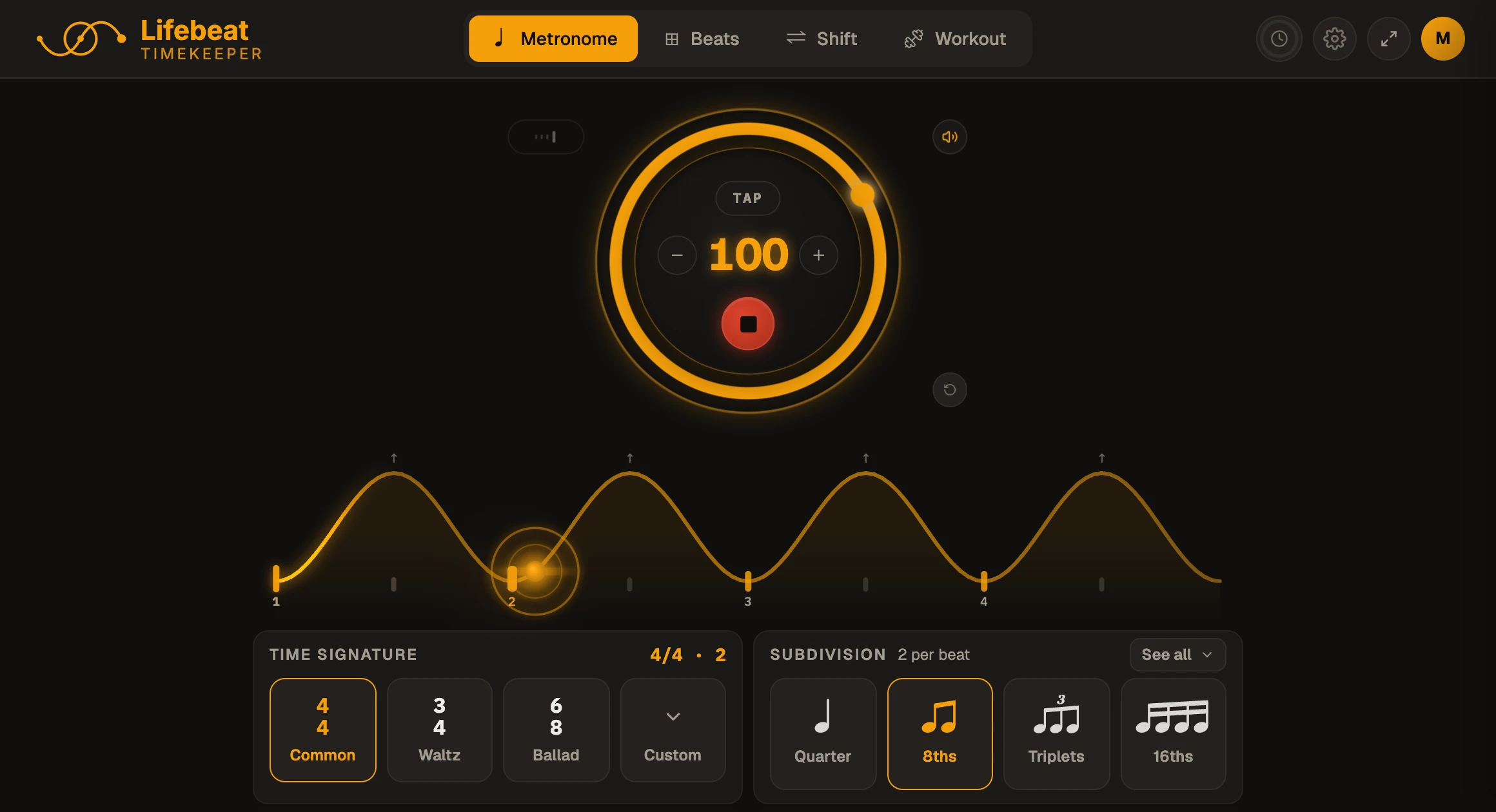 The metronome running at 100 BPM in 4/4 with 8th notes, the pulse drawn as waves and the dot sitting on the second beat